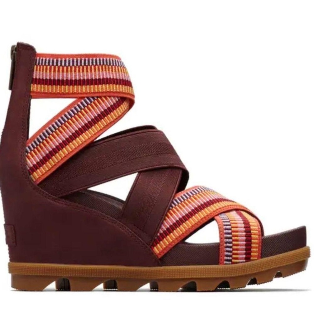 Stylish Women's Sorel Wedge Sandals - Burgundy and Orange